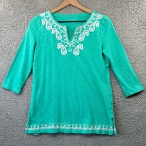 TALBOTS Tunic Top Womens XS Green Cotton Paisley Embroidered Boho Peasant Casual